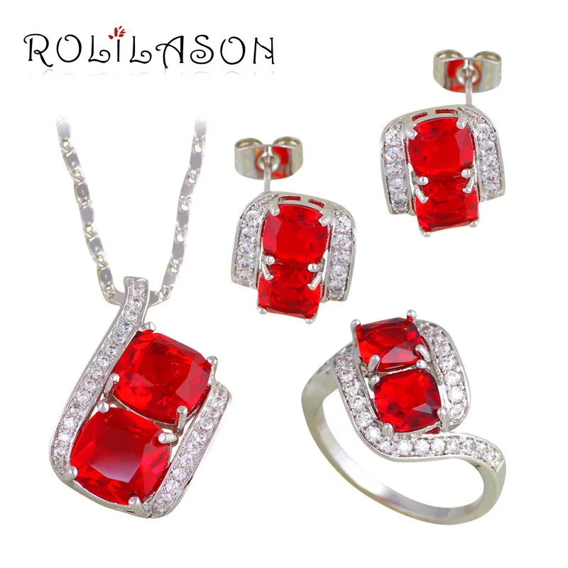 ROLILASON Мода Красный Циркон Посеребренные Ювелирные наборы серьги кулон Цепочки и ожерелья кольца для Для женщин часть подарок Модные украшения JS669