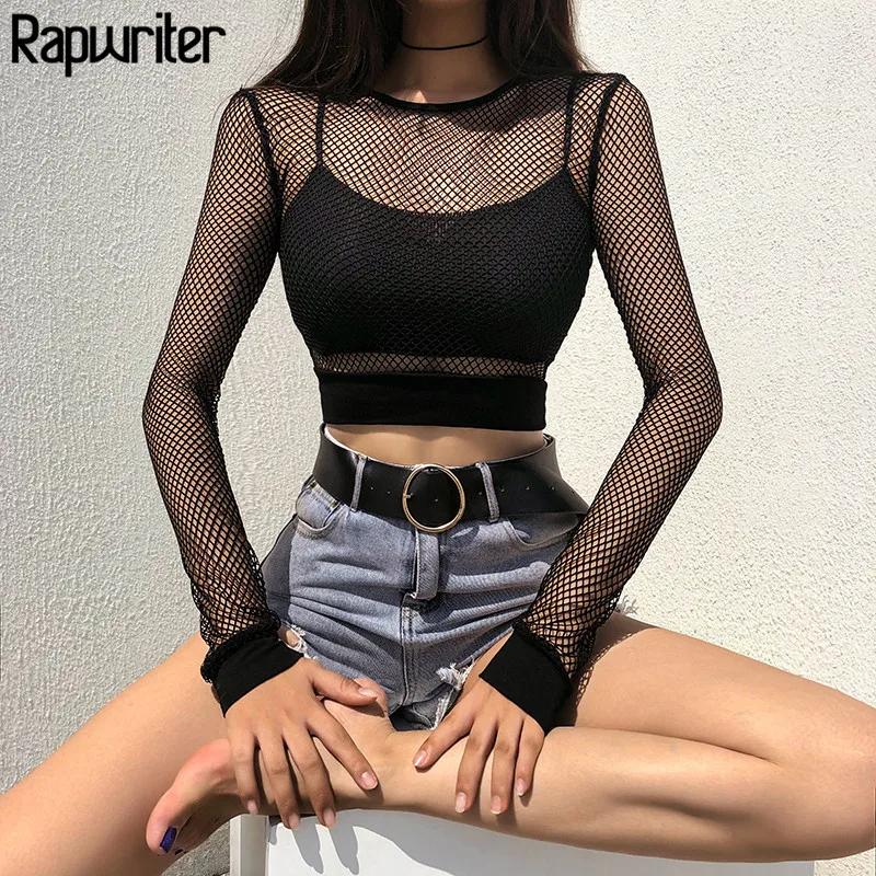 Rapwriter Sexy Black Hollow Out Mesh T-shirt Female Skinny Crop Top New Fashion Summer Basic Tops For Women Fishnet Shirt