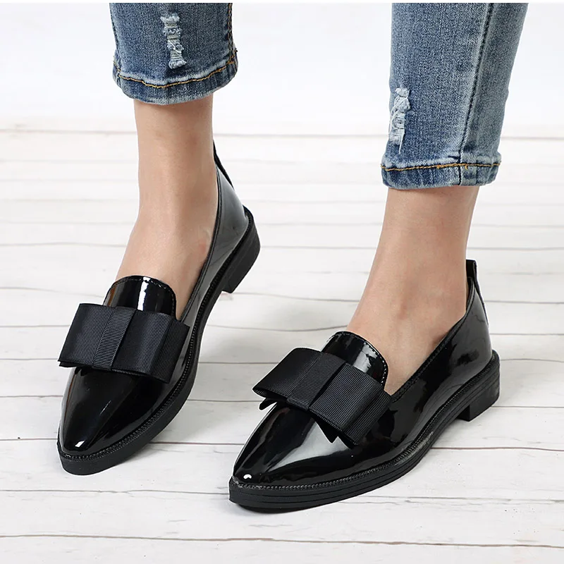 

Spring Flats Women Shoes Bowtie Loafer Patent Leather Elegant Low Heels Slip On Footwear Female Pointed Toe Thick Heel Yasilaiya