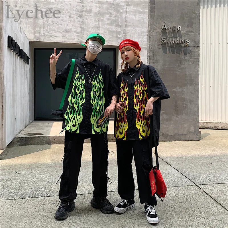 Lychee Harajuku женская блузка с принтом пламени рубашка отложным воротником короткий