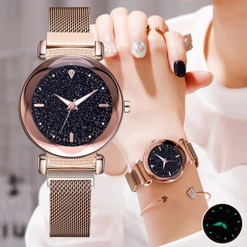 

Luminous Women Watches Luxury Diamond Starry Sky Magnet Ladies Wristwatches Rose Gold Fashion Casual Quartz Female Clock Gifts
