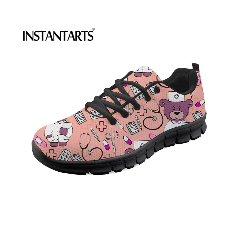

INSTANTARTS 2019 Summer Spring Hot Sale Cartoon Nursing Bear Pattern Pink Shoes Flats Women Casual Breathable Mesh Sneakers 2019