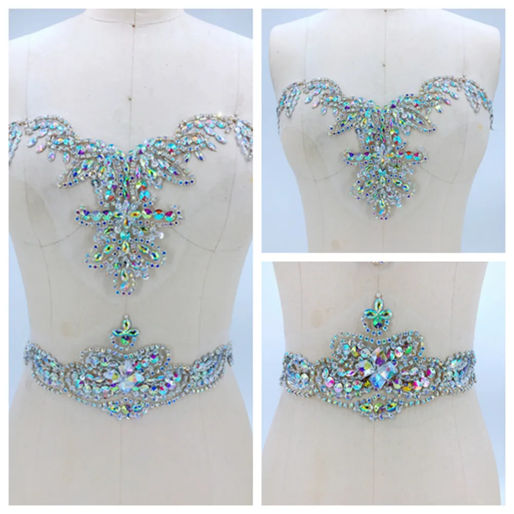 

handmade sew on clear AB colour rhinestones applique on mesh crystals trim patches 34*18cm&30*9cm for dress DIY accessories