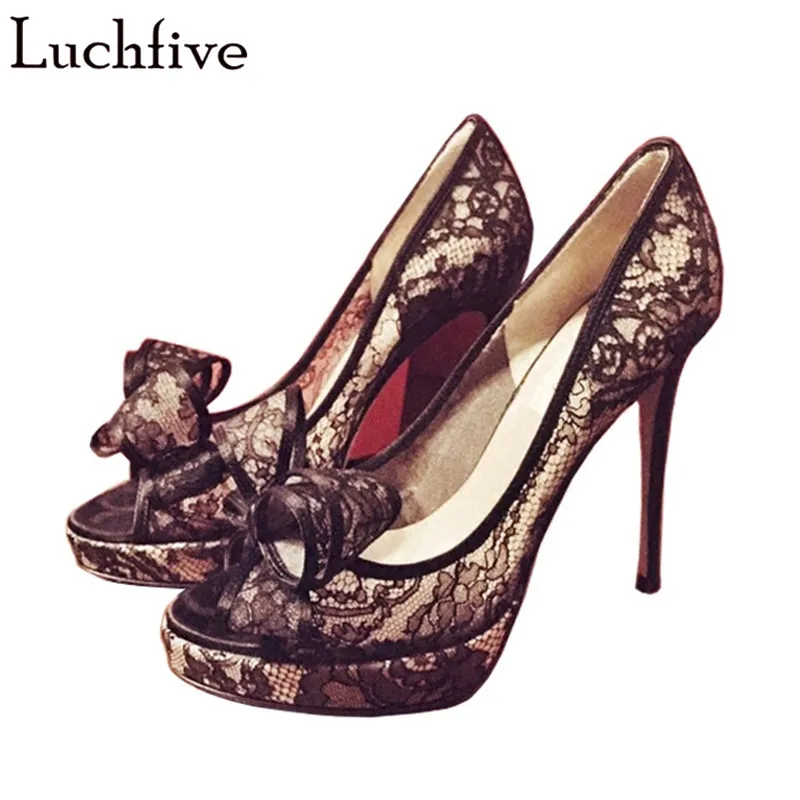 

Lace Bowtie Black Pumps Women Shoes Sexy Peep Toe Thin High Heels Shoes Woman Slip On Summer Tacones Mujer Platform Shoes