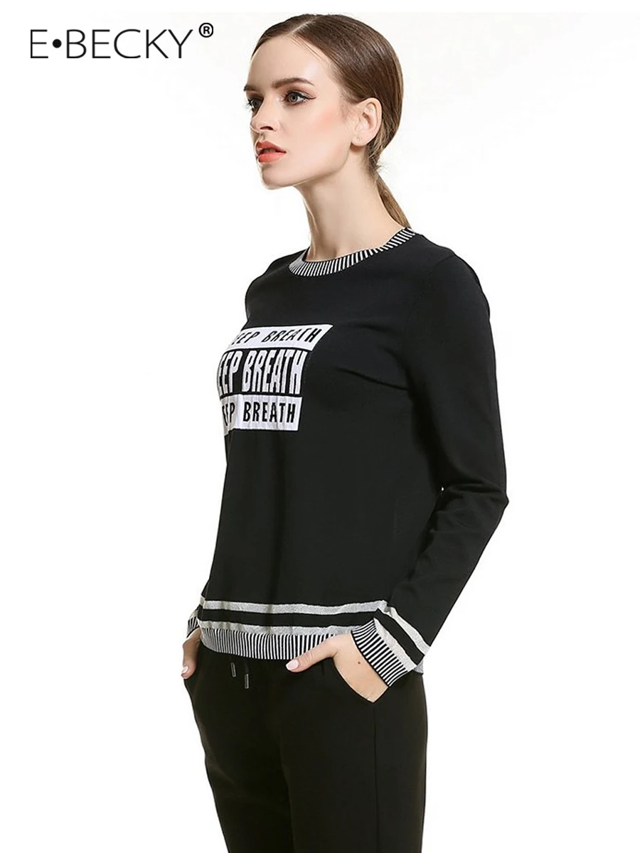 E.BECKY Black White O Neck Knitted Sweater Loose Pullover Woman Clothes Sweaters Spring Autumn Womens Long Sleeve Top Office E.BECKY Black White O Neck Knitted Sweater Loose Pullover Woman Clothes Sweaters Spring Autumn Womens Long Sleeve Top Office