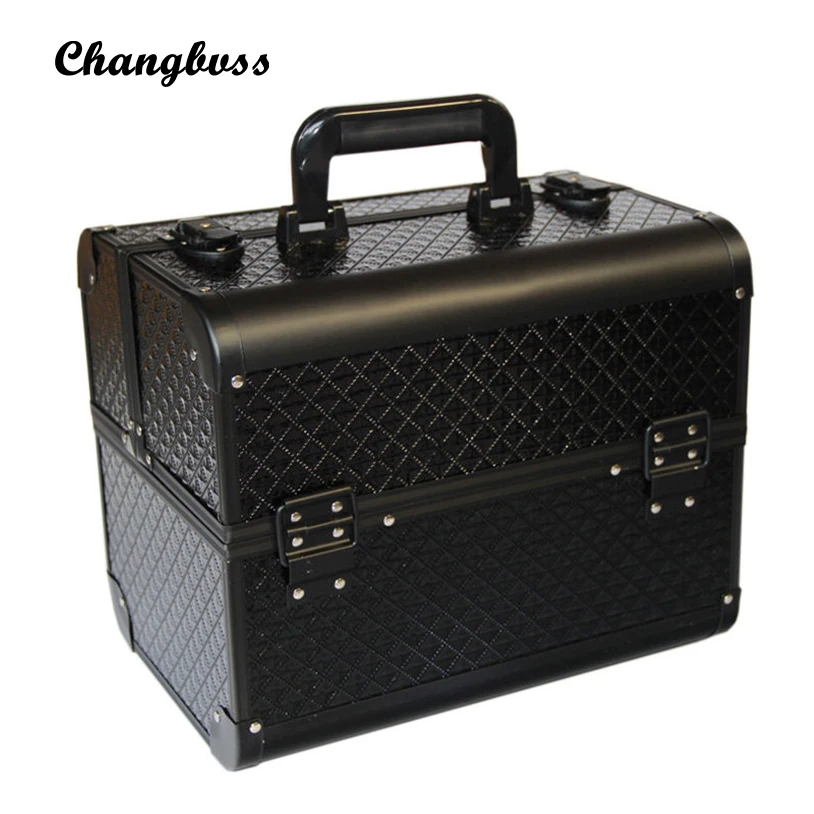 Luxury Black Diamond Pattern Women Cosmetic Bag Portable Multi Layers