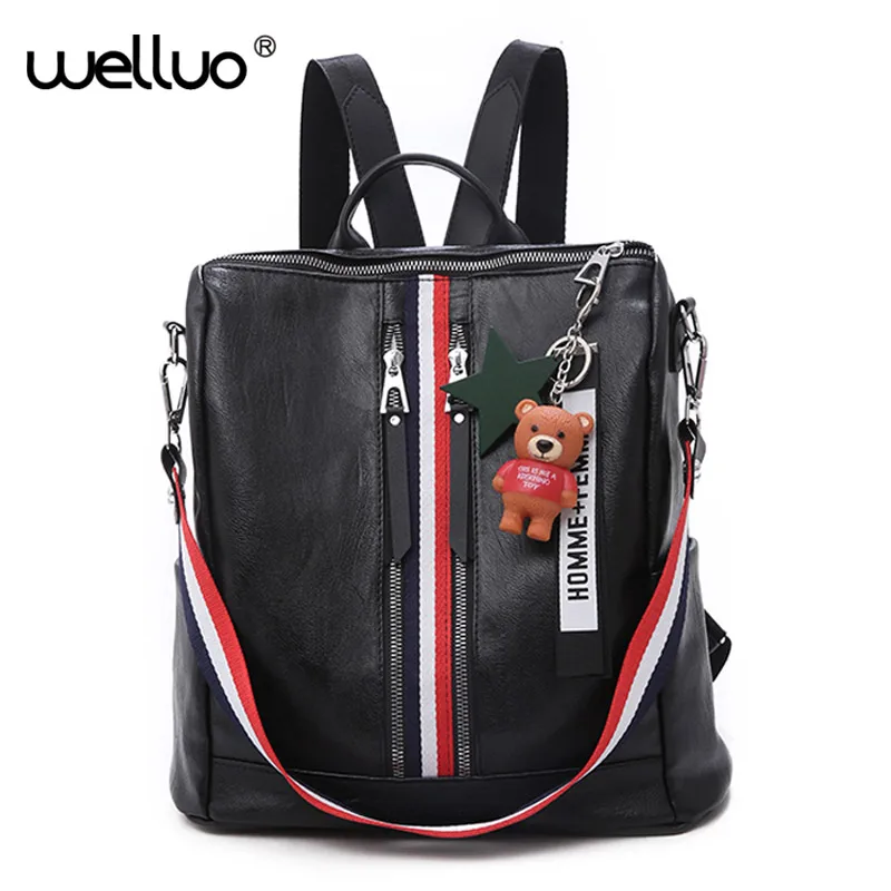 Fashion Large Black Backpack Women's School for Girls Teenagers PU Leather Backpack Female Stripe Bag Mochila Feminina XA583WB