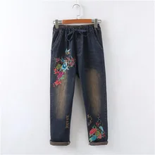 Цветочные женские джинсы с вышивкой, повседневные джинсы с высокой талией, синие джинсовые брюки-карандаш, женские брюки Весна