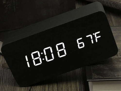 Модный современный датчик Деревянные часы двойной светодиодный дисплей бамбуковые часы цифровой будильник светодиодные часы шоу темп времени голосового управления