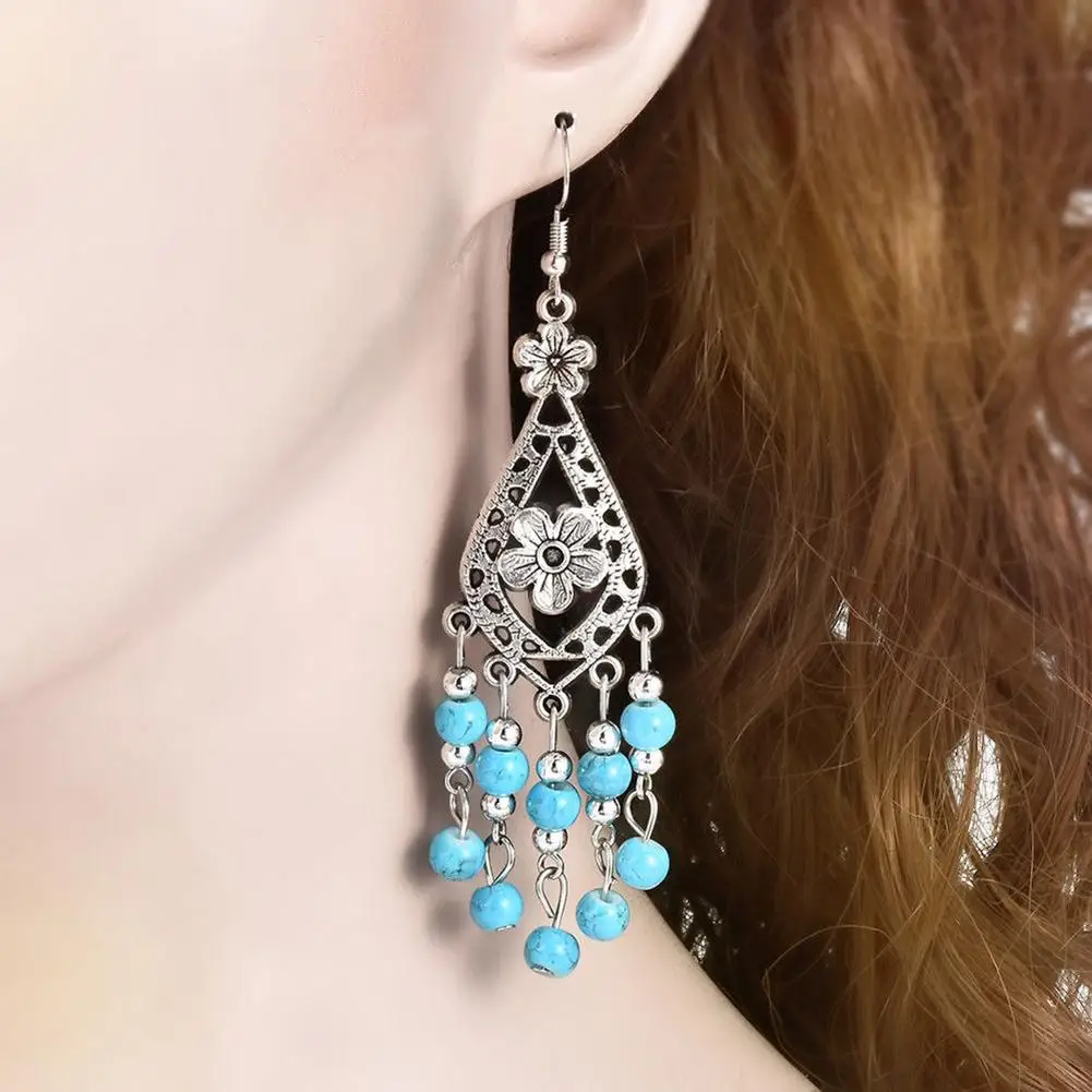 

Vintage Carved Flower Hollow Tassel Beads Chandelier Drop Women Hook Earrings
