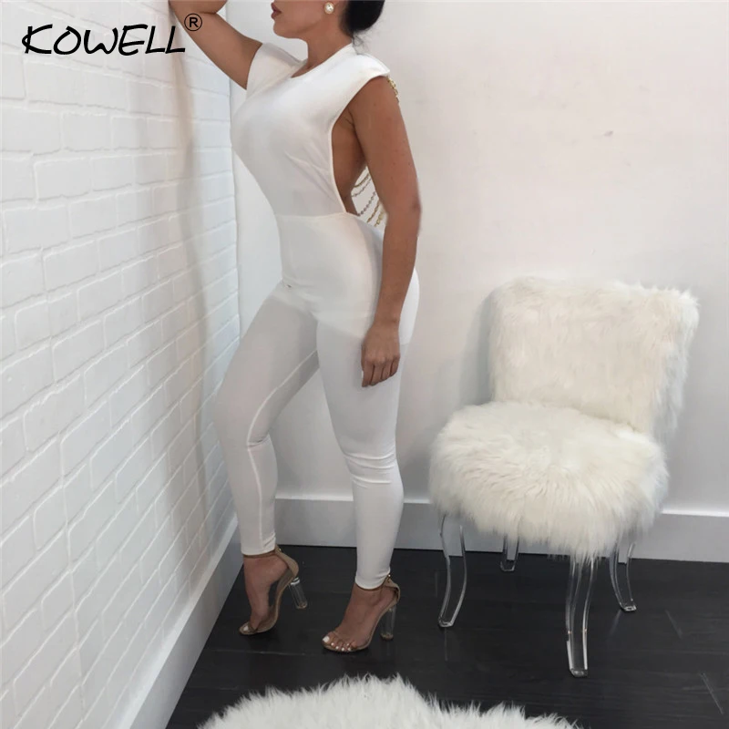 Hot Sale Pearl Chain Sexy Backless Jumpsuit Women Sleeveless Skinny Bodycon Rompers Women Party Overalls Casual Tassel Playsuits