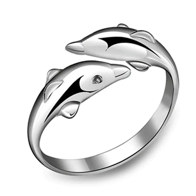 

2018 Hot Korean Fashion Personality Double Dolphin 925 Opening Adjustable Silver Plated Female Ring Free Shipping