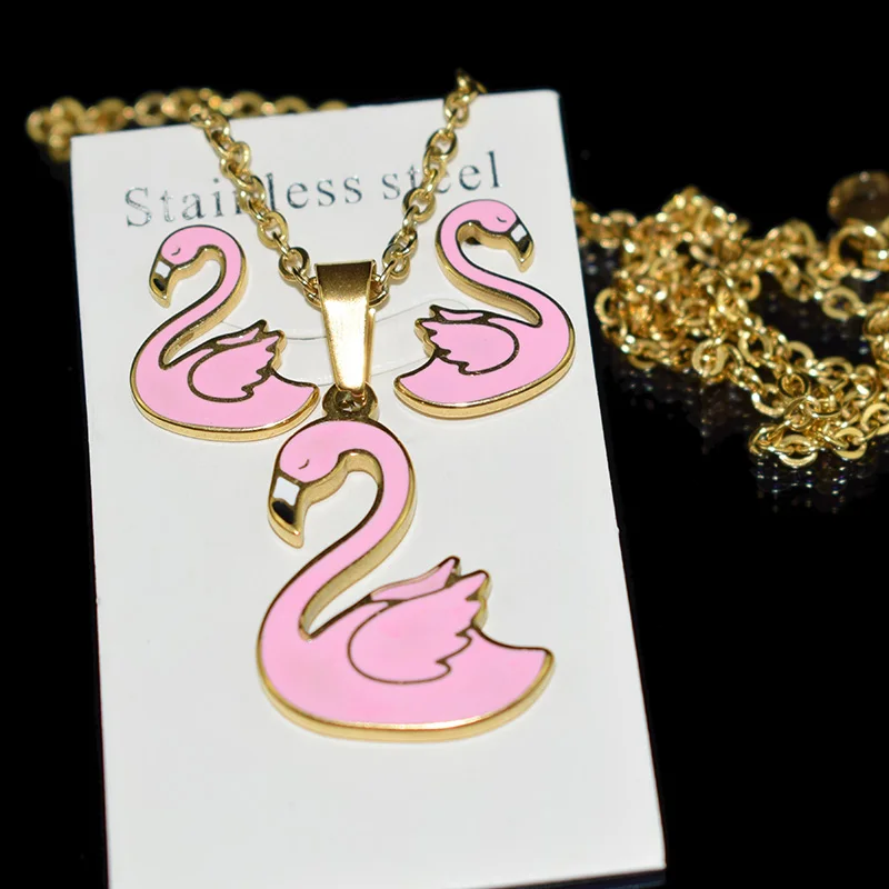 

Animal Pink/Flamingo/swan/Flaming bird Stainless Steel 100% Golden Plated Necklace Earrings Set Woman Child Girl Fashion Jewelry