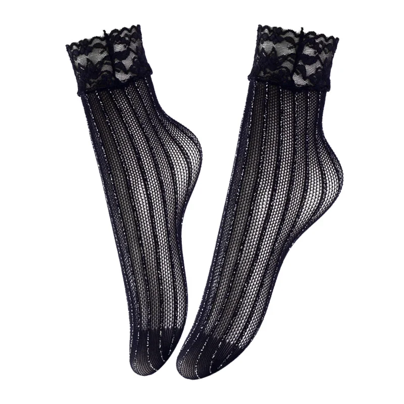 Блестящие женские летние сексуальные ажурные носки черные эластичные прозрачные винтажные кружевные носки с оборками женские носки - Цвет: G2
