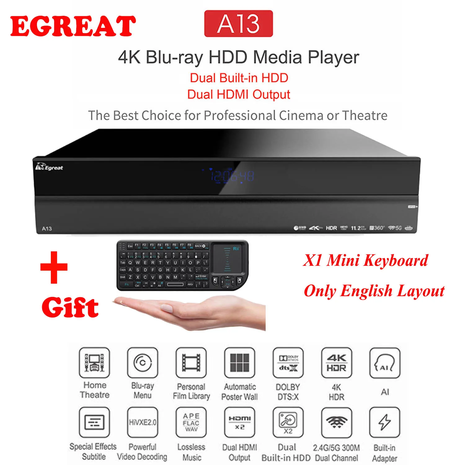 Egreat A13 4K UHD Blu-Ray HDD медиаплеер, двойной Встроенный HDD, двойной HDMI выход Android tv Box лучший выбор для кино или театра - Цвет: A13 add X1