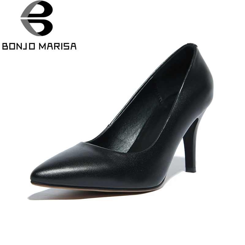 

BONJOMARISA New women's Genuine Leather Solid Spike High Heels Pointed Toe slip-on Shoes Woman Casual Office Pumps Size 34-40