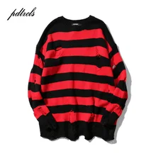 2019 New Ripped Stripe Knit Sweaters Men Hip Hop Hole Casual Pullover Sweater Male Fashion Loose Long Sleeve Sweaters Red Black 2019 New Ripped Stripe Knit Sweaters Men Hip Hop Hole Casual Pullover Sweater Male Fashion Loose Long Sleeve Sweaters Red Black