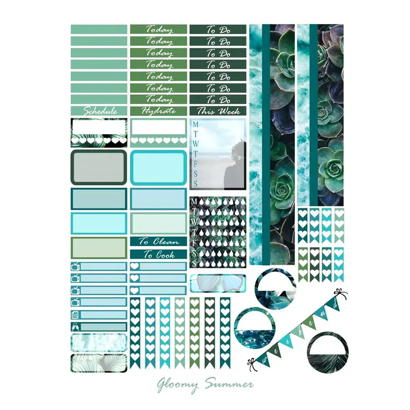 

2 PCS Green Gloomy Summer Scrapbook Bullet Journal Stationery Stickers Planner Calendar Agenda School Art Craft Supplies