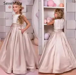 Комплект из двух предметов, розовое платье с цветочным узором для девочек с пуговицами на спине, платье трапециевидной формы для свадьбы
