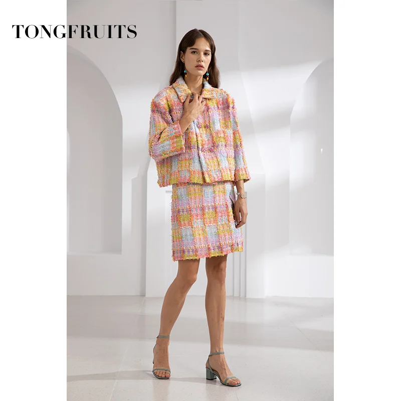 

Female 2 Pcs/Set Autumn New Temperament Plaid Lapel Double Breasted Suit Jacket + Dress Elegant Casual Runway Women's Suit