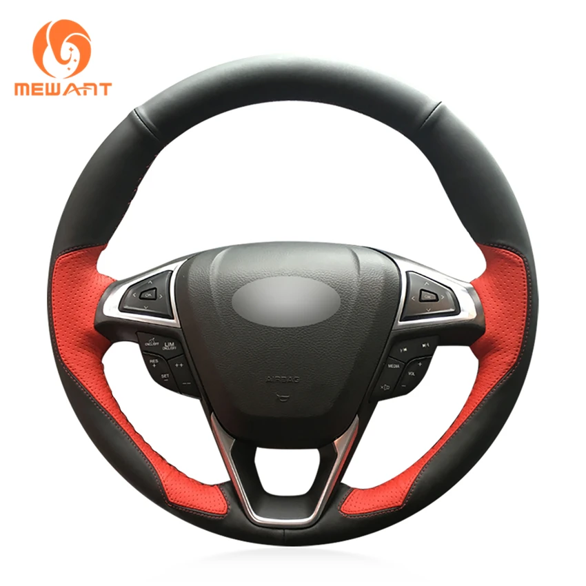 MEWANT Black Leather Red Leather Car Steering Wheel Cover for Ford Fusion Mondeo 2013 2014 EDGE