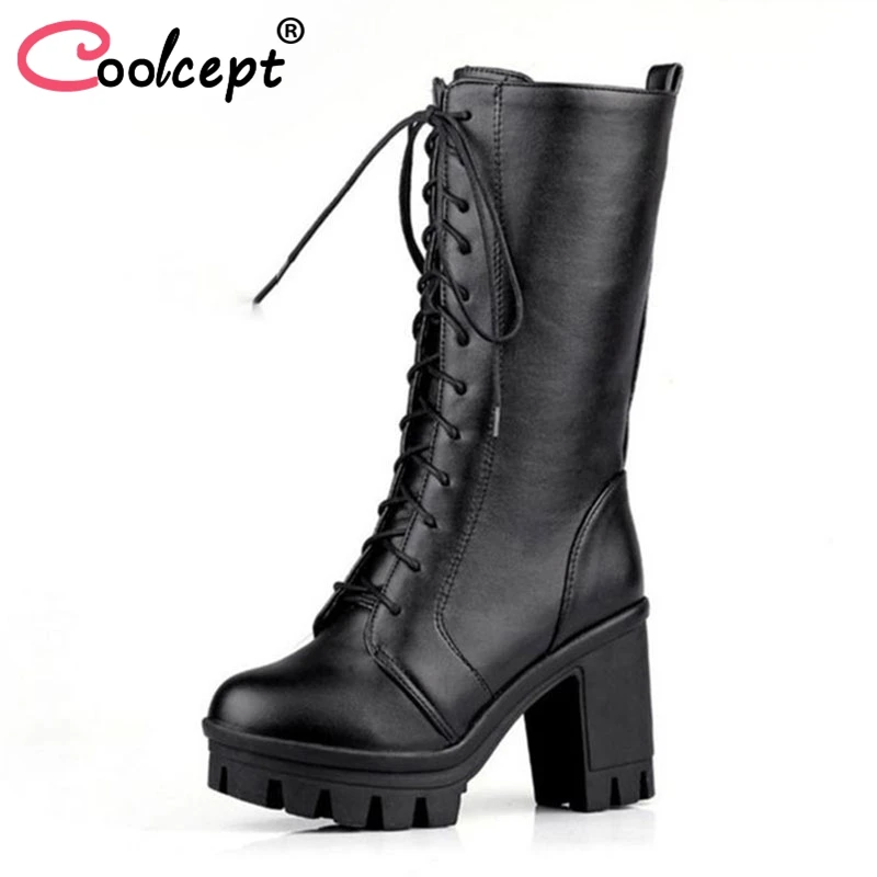

Coolcept Women High Heel Boots Winter Fur Warm Women's Shoes Cool Lace Up Motorcycle Boots Round Toe Platform Shoes Size 34-43