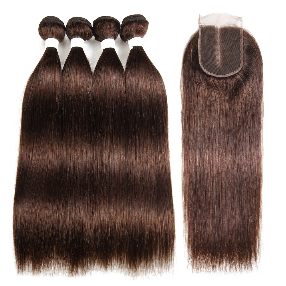 Medium Brown Human Hair Bundles With Closure 3PCS Brazilian Hair With Closure Brazilian Straight Hair Extension