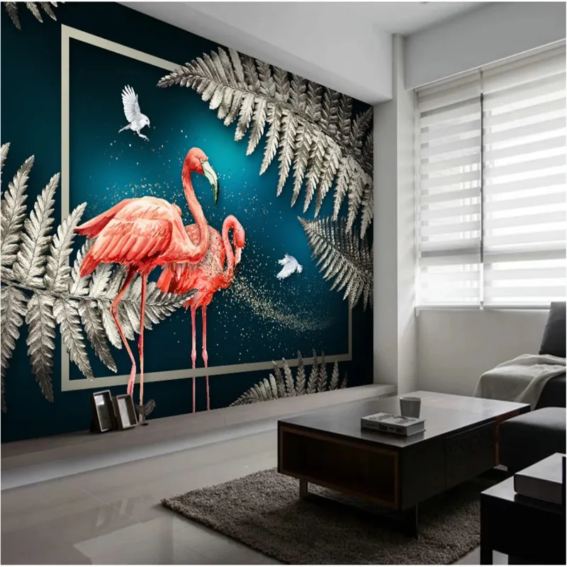 Us 11 08 47 Off European Hand Painted Luxury Home Decor Wall Paper 3d Silver Gray Tropical Plant Leaves Flamingos Dark Blue Mural Wallpaper 3d In
