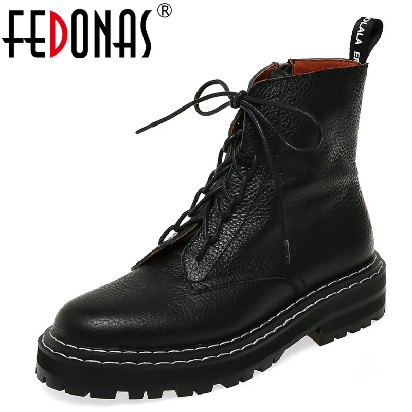 Comprar FEDONAS 2020 Otoño Invierno calidad cuero genuino Punk botas cortas con cordones tacones altos mujeres tobillo botas zapatos de fiesta Mujer
