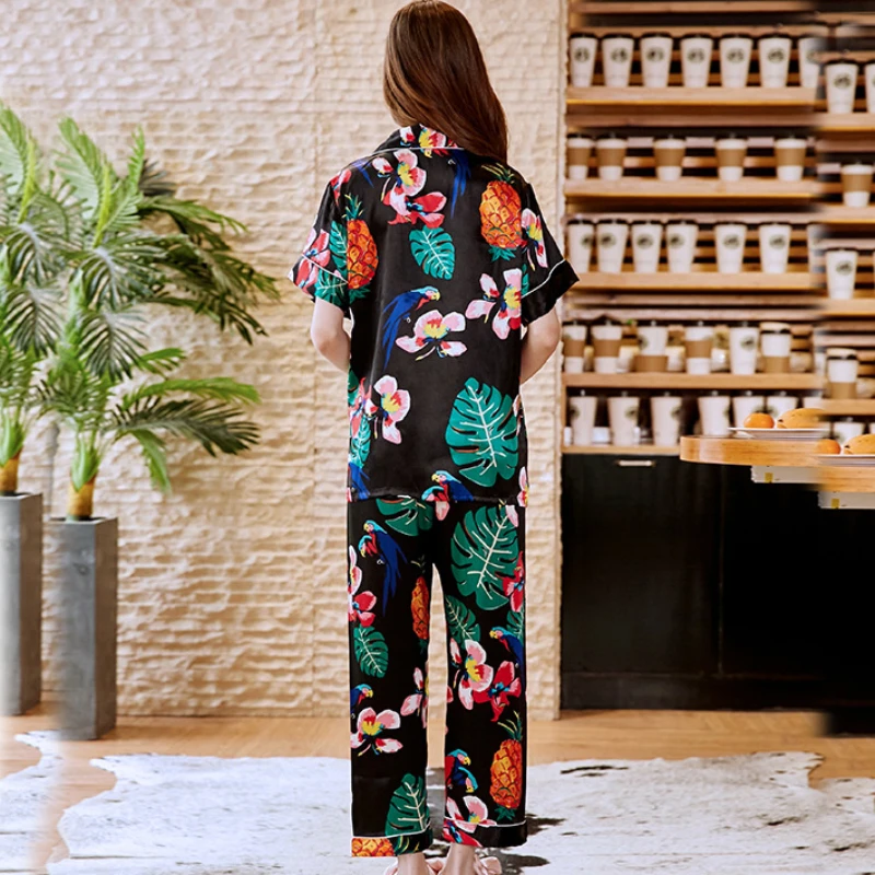 SSH0215 женские пижамы Весна Лето с коротким рукавом Длинные штаны комплект из двух предметов пижамы атласное шелковое ночное белье с цветочным принтом пижамный комплект