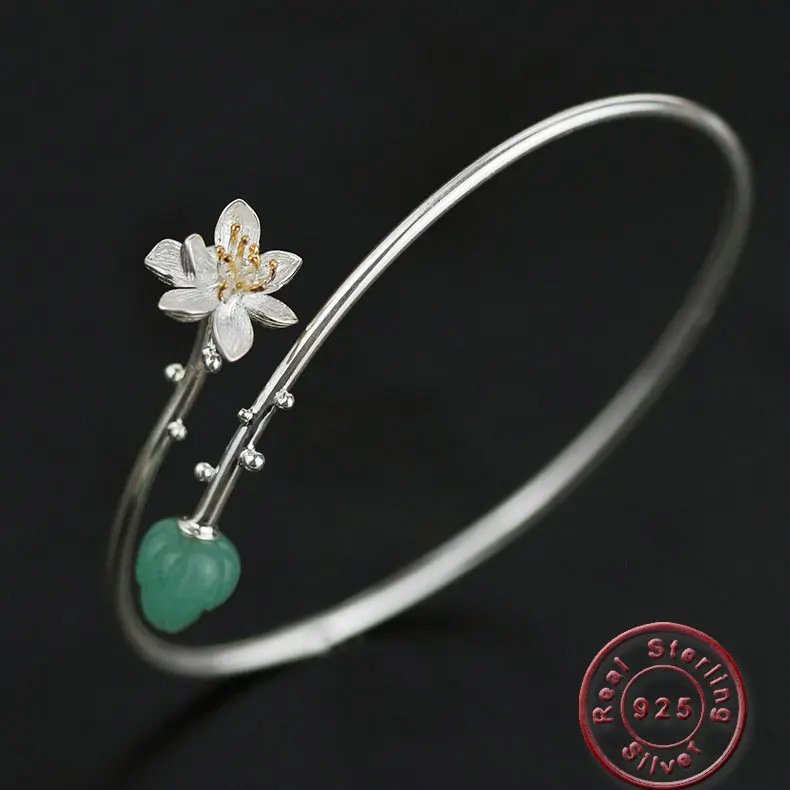 

Amxiu Handmade Natural Stone Bangle 925 Sterling Silver Lotus Flower Bud Bangles For Women Mother's Gift Two Tones Accessories