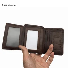 LingJiao Pai Genuine Cow Leather Men Wallet Travel Trifold Short Design Men Purse With Many Cards Pocket ID Holder