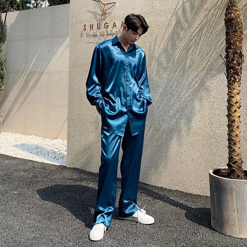 

Men Summer Thin Satin Style 2 Pieces Sets Long Sleeve Loose Casual Blue Shirt Male Streetwear Hip Hop Party Dress Shirt Pants