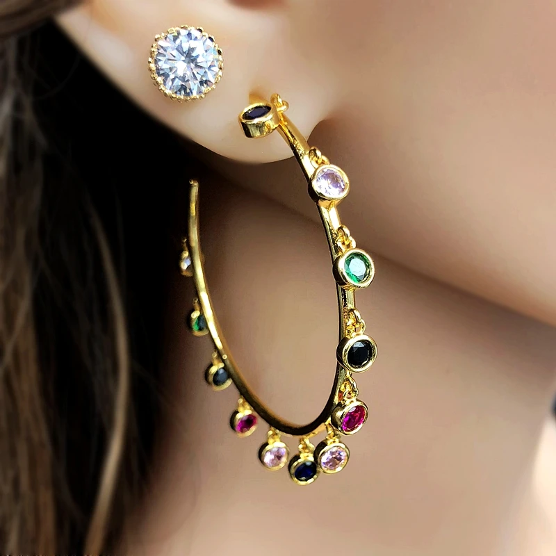 

gorgeous multicolor big Round Circle Hoop Earrings Colorful 3A Cubic zirconia pendant Bohemia Earrings For Women trendy Jewelry