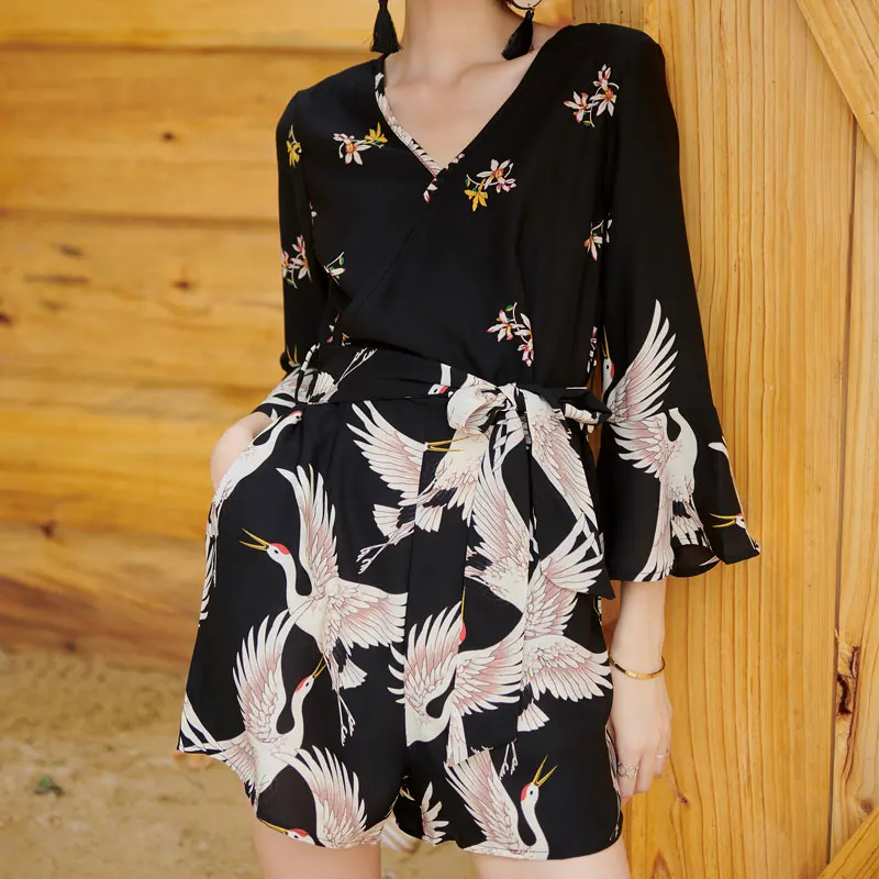 

New Women's Jumpsuits Spring and Summer 2019 Fashion Bohemian Style V-Neck Trumpet Sleeve Print Loose Playsuits