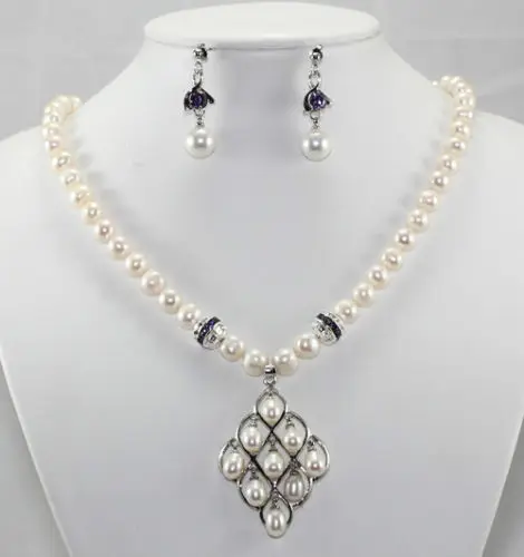 

hot sell new - wholesale Beautiful white pearl purple crystal earrings necklace jewelry set