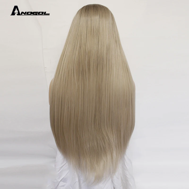 Anogol 2" серебристо-серый Омбре, с темными корнями 180% плотность длинные прямые синтетические волосы на шнуровке спереди парик для женщин средняя часть термостойкий