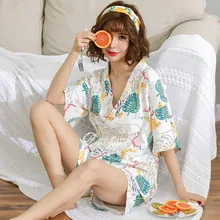 Кимоно для женщин, PyjamasSummer, хлопок, с короткими рукавами, из двух предметов, японский сексуальный пижамный комплект для девочек, открытые рубашки, домашние костюмы, одежда для сна