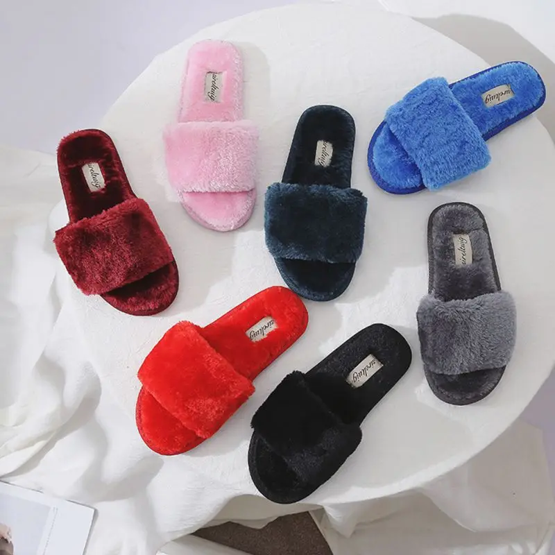 

New 2018 Womens Faux Fur Slippers Autumn Winter Home Slipper For Ladies Plush Pantufa Women Indoor Warm Fluffy Cotton Shoes