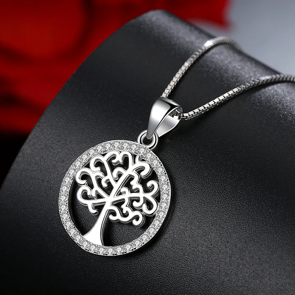 ELESHE Austrian Crystal Eternal tree of life Pendant Necklace 925 Sterling Silver Locket Round Necklace Pendant for Women Girl