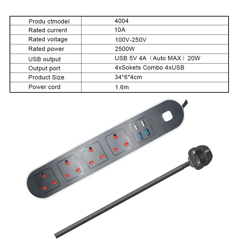Великобритания 3 штыря вилка силовая полоса с переключателем плавленые 4 розетки 4 usb порта для зарядки AC электрическая розетка УДЛИНИТЕЛЬ шнур кабель 1,6 м