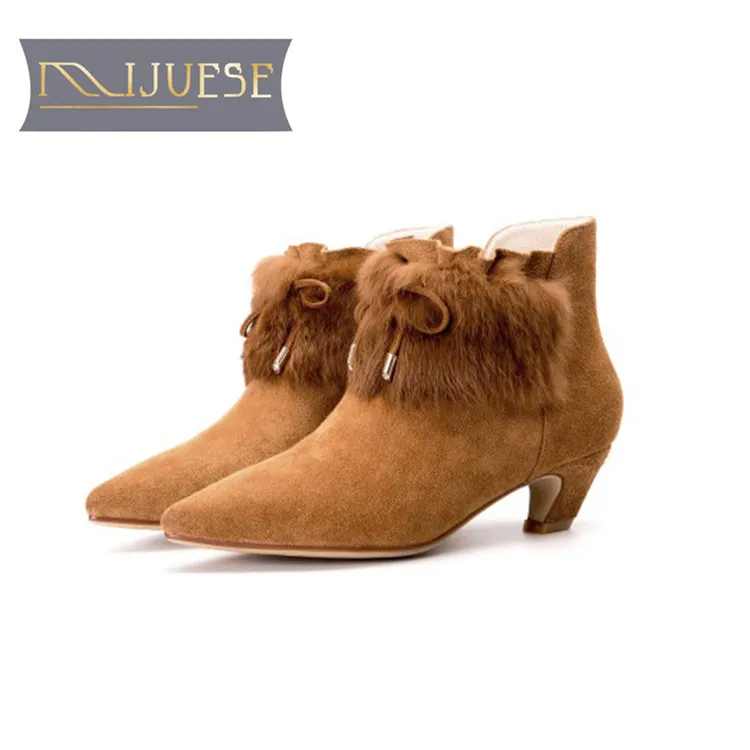 

MLJUESE 2018 women ankle boots cow Suede rabbit hair zippers winter fur short plush boots spike heel low heel snow boots