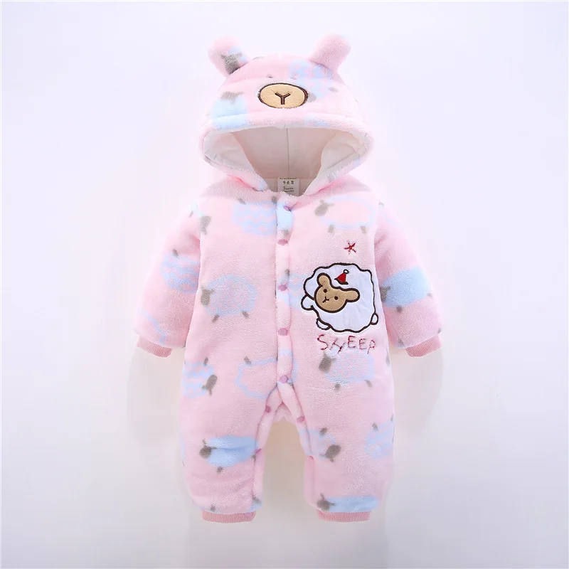 Newborn Infant Romper Autumn Winter Baby Jumpsuit Thick Warm Hooded Toddler Baby Girl Boy Clothes For 3m-12m Baby Costumes - Цвет: Розовый