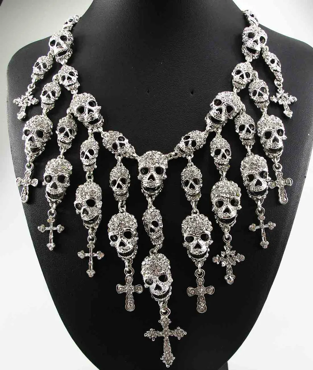 Новейшее Великолепное модное ожерелье с черепом и крестом, ювелирное изделие с кристаллами, женское колье, ожерелье с подвесками