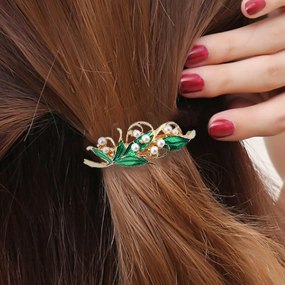 

Hairpin Spring Clip Retro Enamel Green Leaf Pearl Hair Accessories