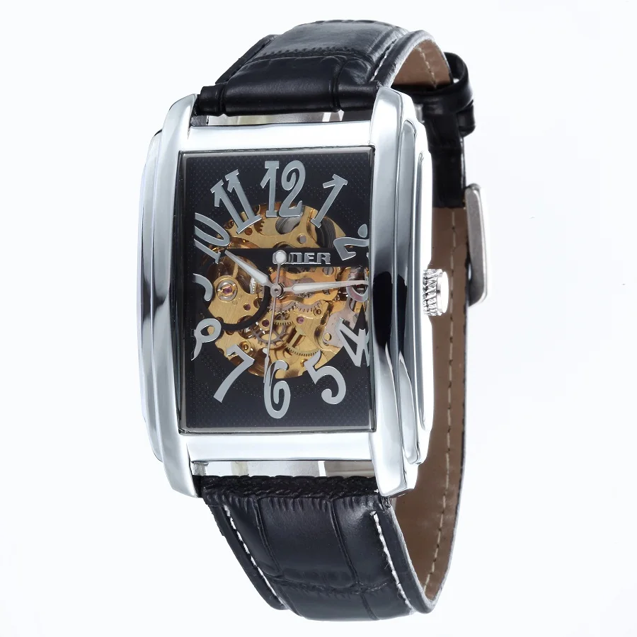 GOER brand leather men s watches mechanical Automatic waterproof Skeleton male movement Wrist watch Square Luminous