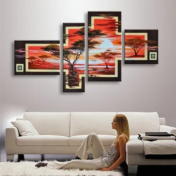 

Hand-painted Abstract Landscape Oil Paintings on Canvas Tree Sunset Red Painting Modern Home Decor Wall Art 4 Panel Pictures