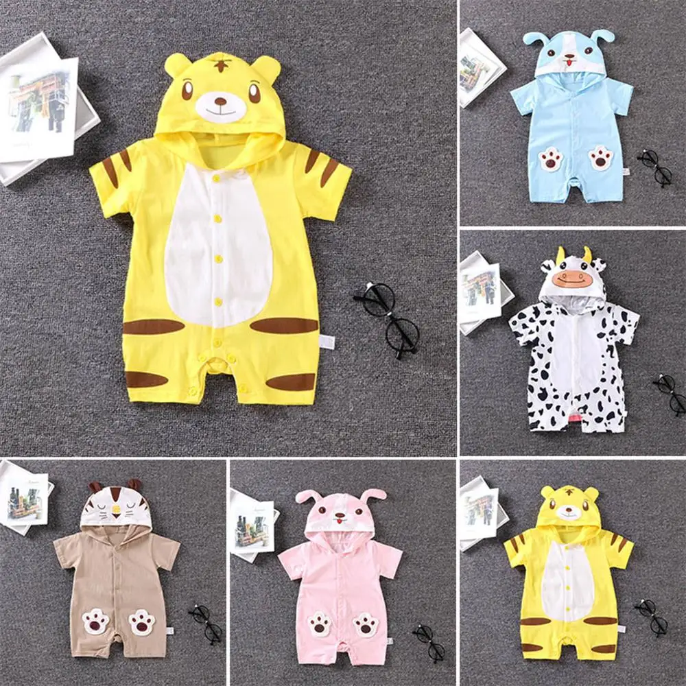 

Baby Romper Summer Fashion Cartoon Animal Hoodie Unisex Newborn Boy Girls Infant Cotton Short Sleeve Rompers Jumpsuit Clothes