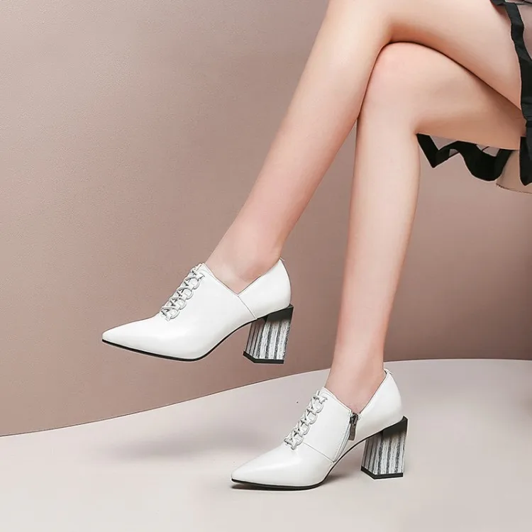 

MLJUESE 2019 women pumps autumn spring cow leather Rome style lace up white color high heels lady shoes party dress wedding