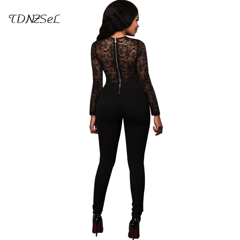 Sexy Long Sleeve Lace Hollow Out Patchwork Jumpsuit Women Black Red Blue High Waist Zipper Backless Skinny Bodysuit Nightclub